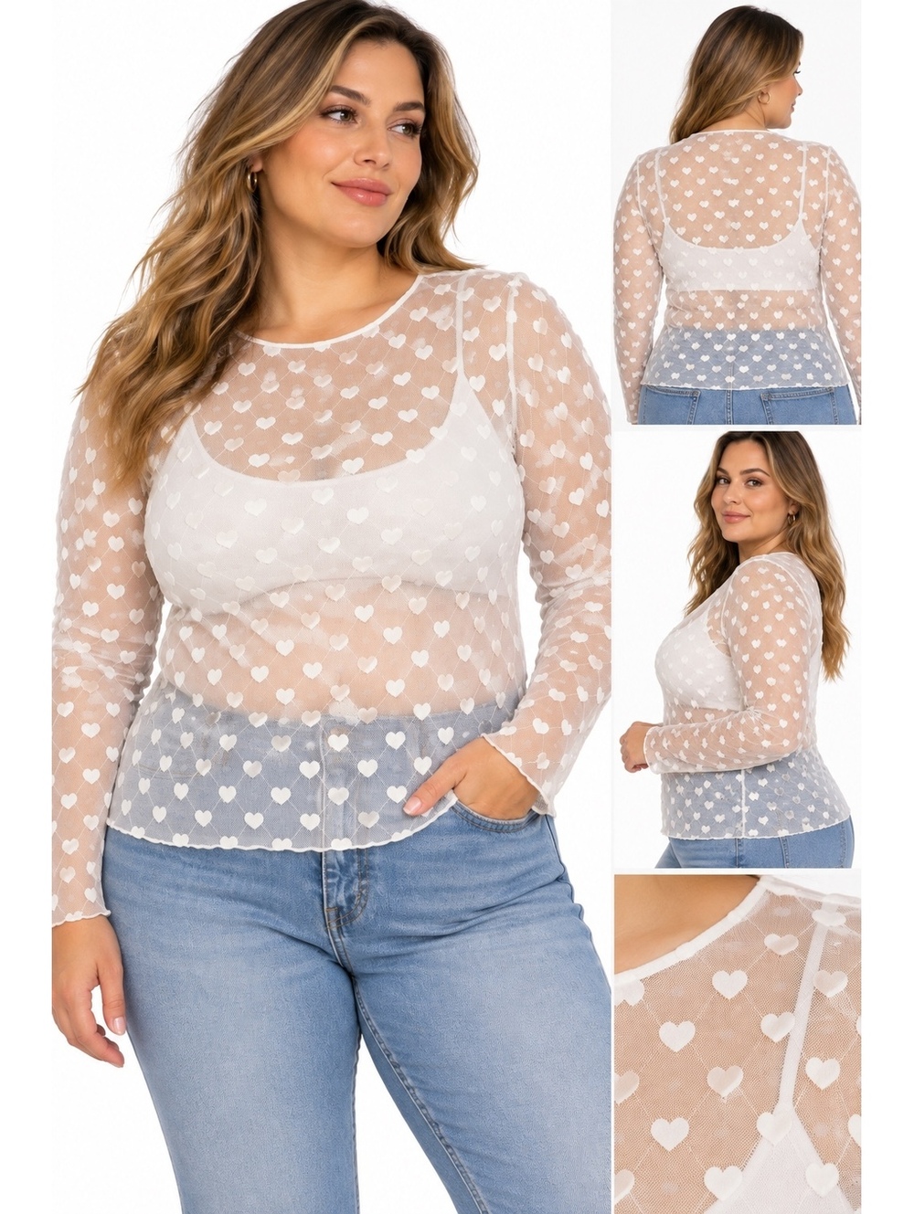 Torrid White Sheer Mesh Heart Long Sleeve Top Size 2 NWT Coquette Romantic